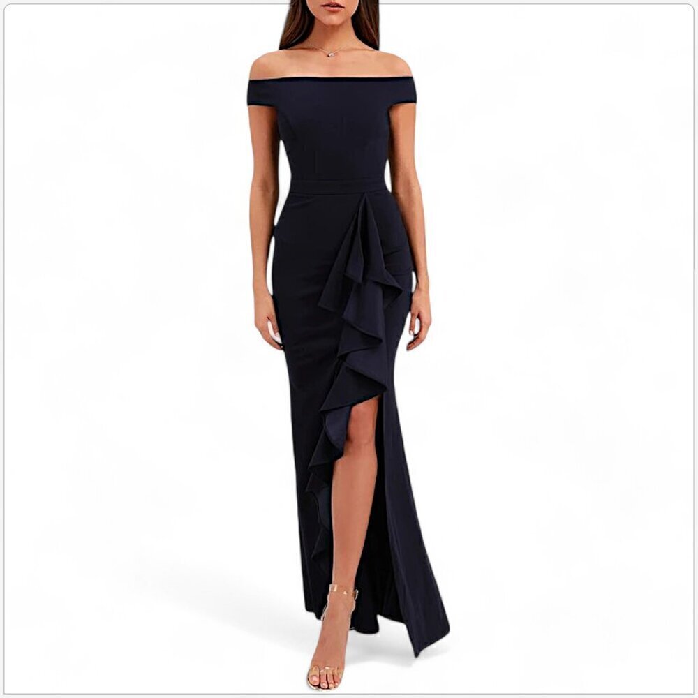 Lulus Mila Navy Blue Ruffled Off-the-Shoulder Maxi Dress Gown Evening NWT NEW S